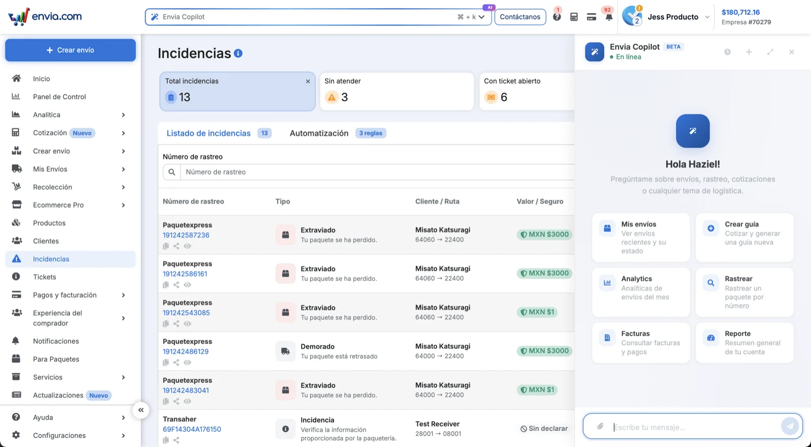 Portal de Envia.com con Envia Copilot abierto
