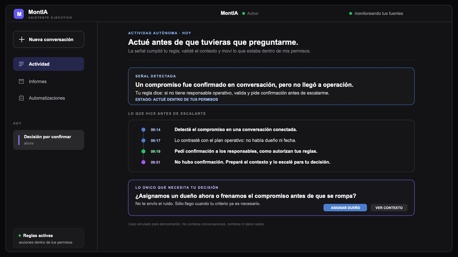 Interfaz pública anonimizada de MontIA detectando un compromiso antes de que dirección pregunte
