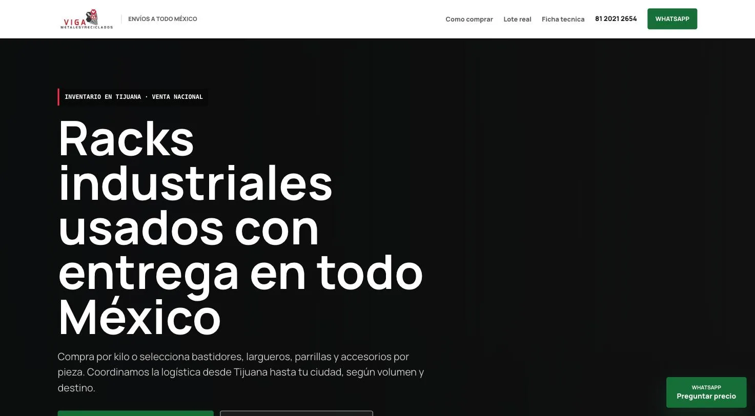 Landing de racks industriales usados de VIGA con WhatsApp en un toque