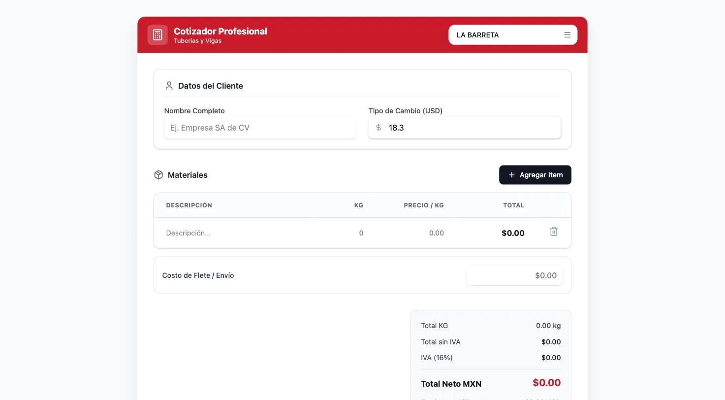 Cotizador multiempresa con datos de cliente, materiales y totales