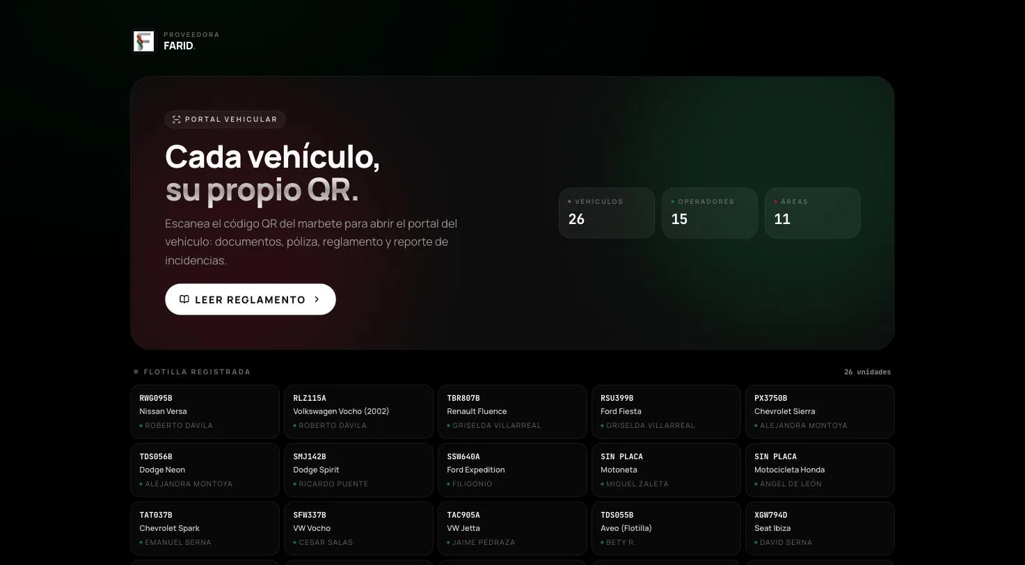 Portal vehicular de Grupo Mont con la flotilla registrada y acceso por QR