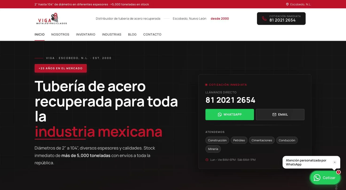 Portada de metalesyrecicladosviga.com con inventario y cotización inmediata
